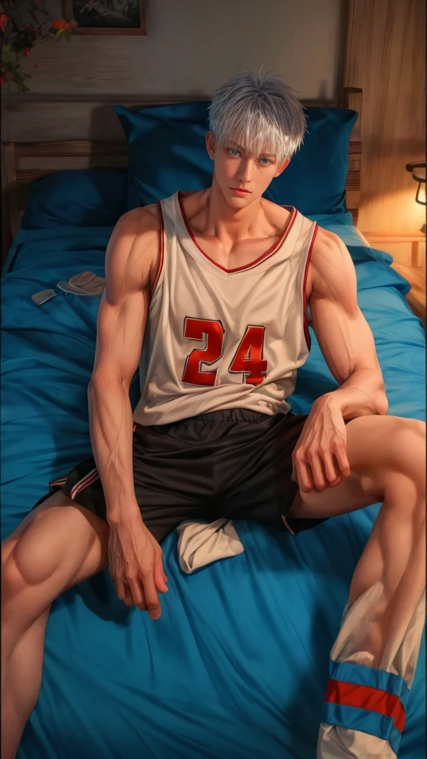 Live Life, Best Quality, Masterpiece, Extreme Detail, Cinematic Light Effects, Volumetric Lighting, Color Photo, High Resolution, (Full Body), 18-Year-Old Boy, (Cute and Handsome Face: 1.2), Pleasant Expression, Star Face, Delicate Facial Features, Tall (210cm), Super Tall, Giant, Slender Limbs, Fine Muscles, Muscular, Toned, Exaggerated Muscles, Strong, Broad Shoulders, Extra Long Legs, (Leg Length), Slender Feet, Cute Appearance, Fair Skin, Collarbone, Basketball Uniform, Wearing basketball socks, than height, in bed, boy