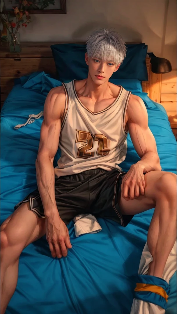 1boy, adult, handsome, perfect face, detailed eyes and face, clean shaved, muscular, capturing a rural atmosphere, dynamic lighting, unreal engine 5, hd picture, satoru gojo, white hair, short hair ,hair between eyes ,blue eyes, white skin, bed mattress details, basketball jersey