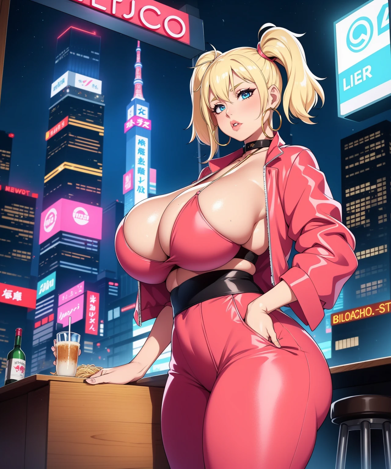 1girl, (((bimbo))),hoop earrings, puffy lips, painted lips, thick lips.
blonde hair, short twintails, wide hips, thick thighs, bursting breasts Nightlife, Night city, Cyberpunk city, futuristic cityscape. Neon lights, (skyscraper:1.1), Tokyo tower, palm tree, cloth sign, ramen stall, night club. bright city lights, exotic car. alcohol, bar, ramen, soup stall ,alcohol bottles,