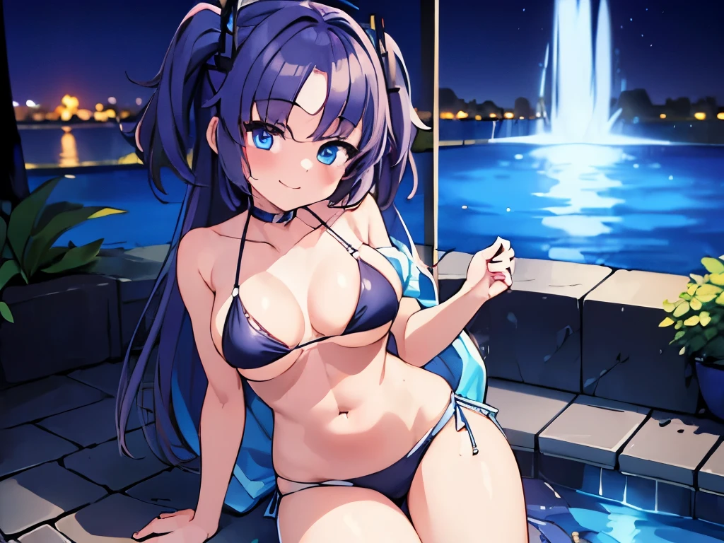 ((masterpiece)), ((best quality)), (ultra-detailed), pool, night, a cute girl, 1girl, solo, bikini, ((beautiful eyes)), smile