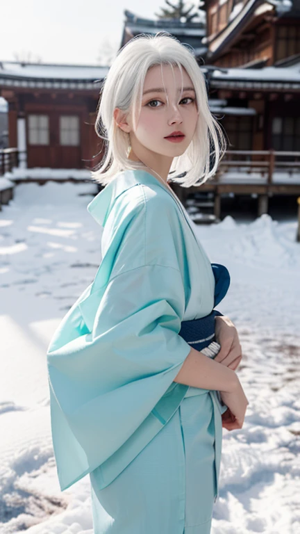 A beautiful woman, kimono that does not expose much of her skin.,(((In the moonlight of a blizzard, a woman looking good in a kimono with Japanese pattern,Floral scrunchie.))),Full-body photography from the ceiling,best image quality,professional angle of view,Exceptional detail,Super high resolution,realistic:1.4),high detail,focus on details,1girl concentrated in high concentration,long hair,delicate and beautiful face,The best smile with raised eyebrows and corners of the mouth,((glowing glass eyes)),
