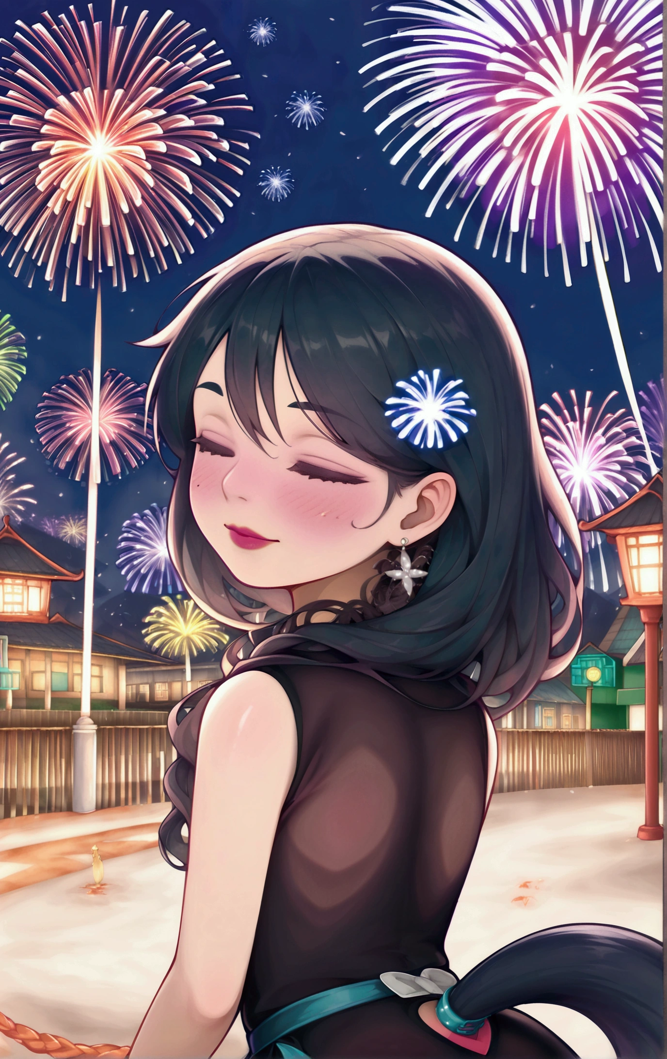 (((masterpiece))), (1 girl:1.5), hyper detailed, High resolution, ((Best Quality)), (extremely delicate and beautiful), {8k cg wallpaper}, illustration, (blush), (braided Horse tail | Horse tail | Bun), (extremely detailed background:1.6), (very long black hair|by rubio), detailed face, evening, festival, outdoor, Lantern, (Fireworks:1.4), Paper lamp, snow, wind, snowflakes, hair ornament, closed eyes, (from behind:1.3), Session, river, riverbank, starry sky, (Holding hands:0.6), leaning on the person, showing pink thong, good ass (((fully naked)))