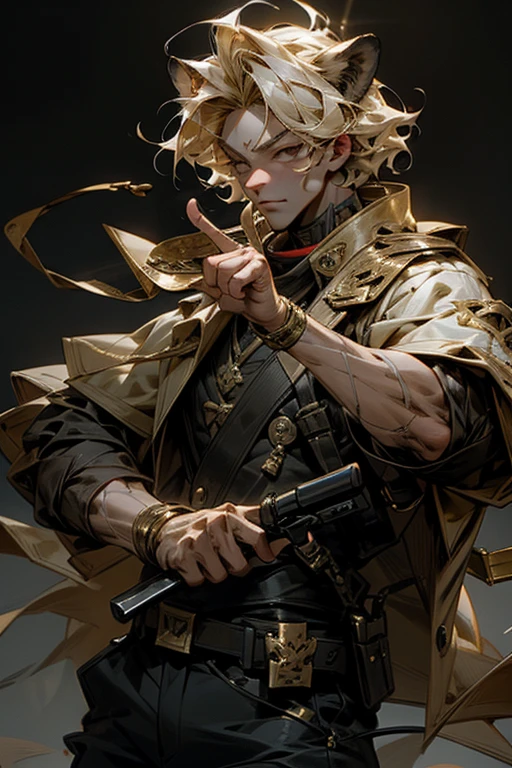 Lion,male,vocal,cool,Police Officer,holding a microphone,Visual Kei,masterpiece,best quality,super fine illustration,Blonde,gold effect,perfect finger,perfect hands,