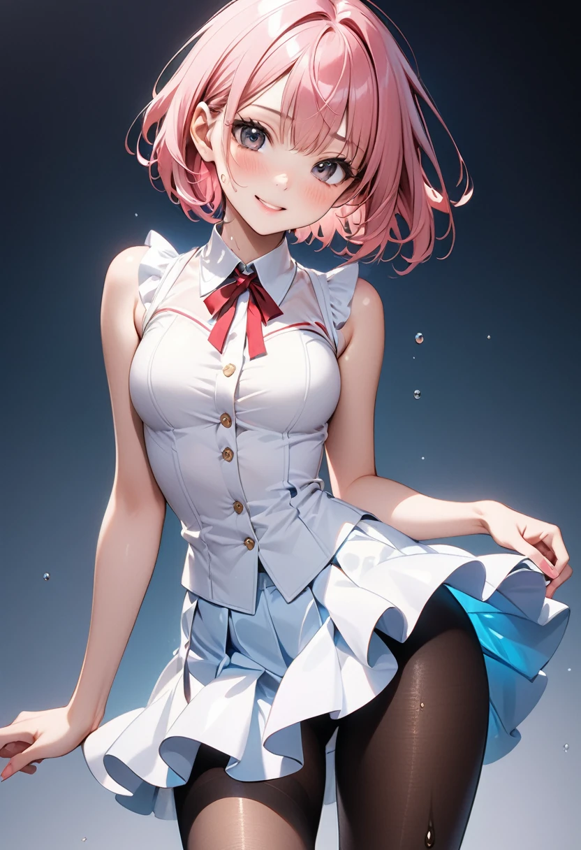 (((Female idols, idol costumes, skirt, pantyhose))), (Highly lustrous clothing), skindentation, skinny, solo, 1 woman, Masterpiece, highest quality, highest quality, 16K, incredibly absurd, highly detailed, 2.5D, ai-generated, delicate and dynamic, very delicate facial expressions, delicate eye depiction, erotic, only sexy woman, ((A cute and kind face)), healthy figure, ((25-year-old woman)), 160cm tall, ((medium firm swaying bust)), medium breasts, (short hair), (pink hair:1.5), bob cut, black eye, blush, Sweat,Embarrassed,sexy, ((thin thighs)), (Erect nipples,:0.5), shiny and lustrous, facing straight at viewer, smile, ((Oily_skin)), dark skin, ((standing)), ((arm at side)), ((erotic pose)),