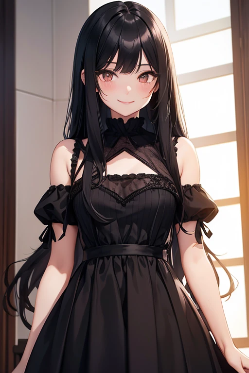 A girl with a little smile. Long straight black hair, with bangs, amber eye color, and a delicate dress. anime styling
