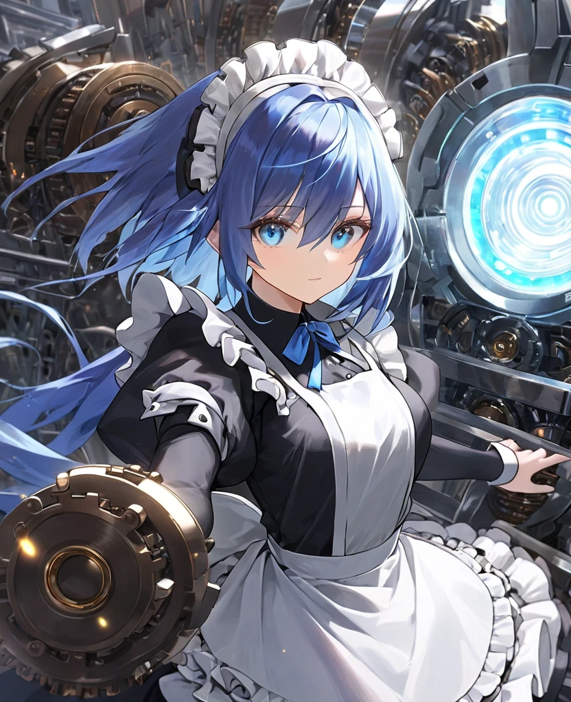 (masterpiece), Highest quality, 1 person, Android, woman, Blue Hair, Bob, Light blue eyes, Maid clothes, Machine Body, Expressionless, spirit, Fantasy, High resolution