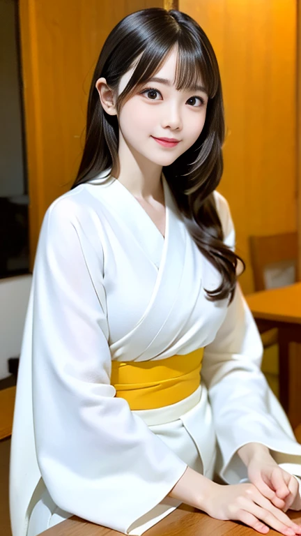 A beautiful woman, kimono that does not expose much of her skin.,(((In the moonlight of a blizzard, a woman looking good in a kimono with Japanese pattern,Floral scrunchie.))),Full-body photography from the ceiling,best image quality,professional angle of view,Exceptional detail,Super high resolution,realistic:1.4),high detail,focus on details,1girl concentrated in high concentration,long hair,delicate and beautiful face,The best smile with raised eyebrows and corners of the mouth,((glowing glass eyes)),
