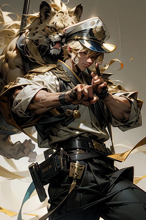 Lion,male,vocal,cool,Police Officer,holding a microphone,Visual Kei,Sun visor,masterpiece,best quality,super fine illustration,Blonde,gold effect,perfect finger,perfect hands,