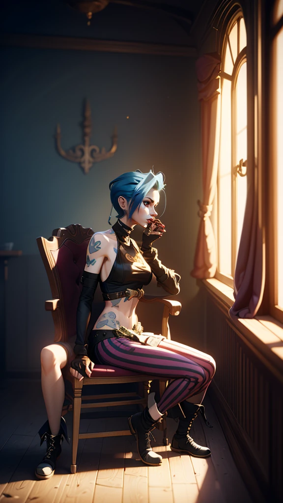 jinx, arcane jinx, Sitting on a chair, spread legs, from front view, 8k Unreal Engine-Design, bright colours, next to a window, Jinx Arkanes Outfit, Jinx Arcane Clothing, CG Unit 8k