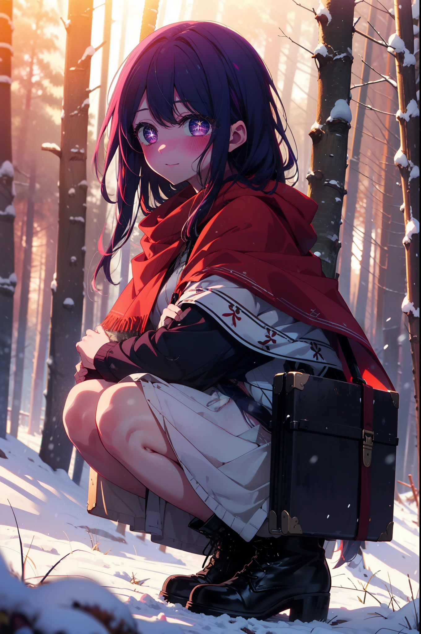 aihoshino, Ai Hoshino, Long Hair, bangs, (Purple eyes:1.1), Purple Hair, (Symbol-shaped pupil:1.5), smile,,smile,blush,white breath,
Open your mouth,snow,Ground bonfire, Outdoor, boots, snowing, From the side, wood, suitcase, Cape, Blurred, , forest, White handbag, nature, Squat, Mouth closed, Cape, winter, Written boundary depth, Black shoes, red Cape break looking at viewer, Upper Body, whole body, break Outdoor, forest, nature, break (masterpiece:1.2), Highest quality, High resolution, unity 8k wallpaper, (shape:0.8), (Beautiful and beautiful eyes:1.6), Highly detailed face, Perfect lighting, Highly detailed CG, (Perfect hands, Perfect Anatomy),