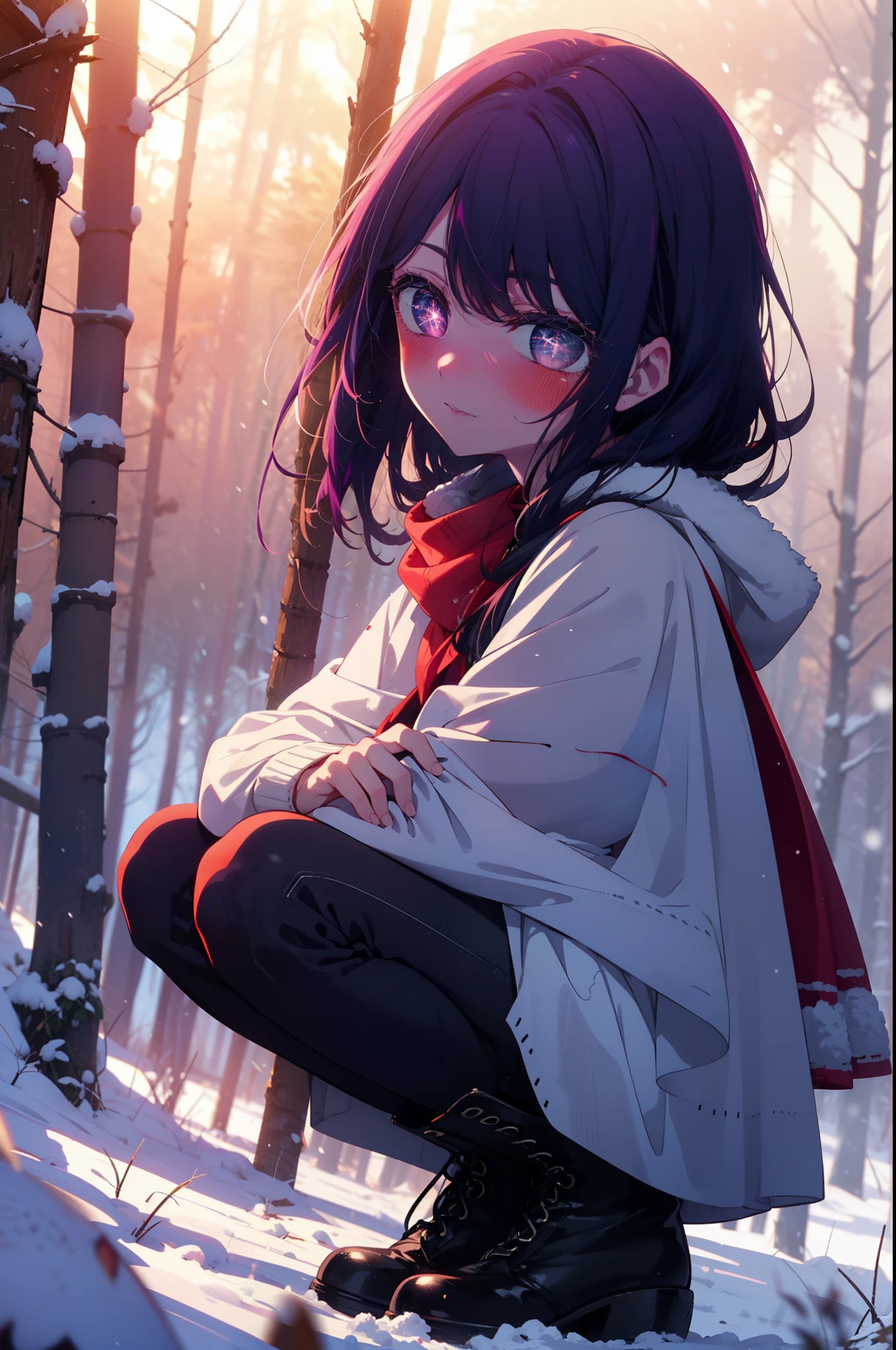 aihoshino, Ai Hoshino, Long Hair, bangs, (Purple eyes:1.1), Purple Hair, (Symbol-shaped pupil:1.5), smile,,smile,blush,white breath,
Open your mouth,snow,Ground bonfire, Outdoor, boots, snowing, From the side, wood, suitcase, Cape, Blurred, , forest, White handbag, nature,  Squat, Mouth closed, Cape, winter, Written boundary depth, Black shoes, red Cape break looking at viewer, Upper Body, whole body, break Outdoor, forest, nature, break (masterpiece:1.2), Highest quality, High resolution, unity 8k wallpaper, (shape:0.8), (Beautiful and beautiful eyes:1.6), Highly detailed face, Perfect lighting, Highly detailed CG, (Perfect hands, Perfect Anatomy),