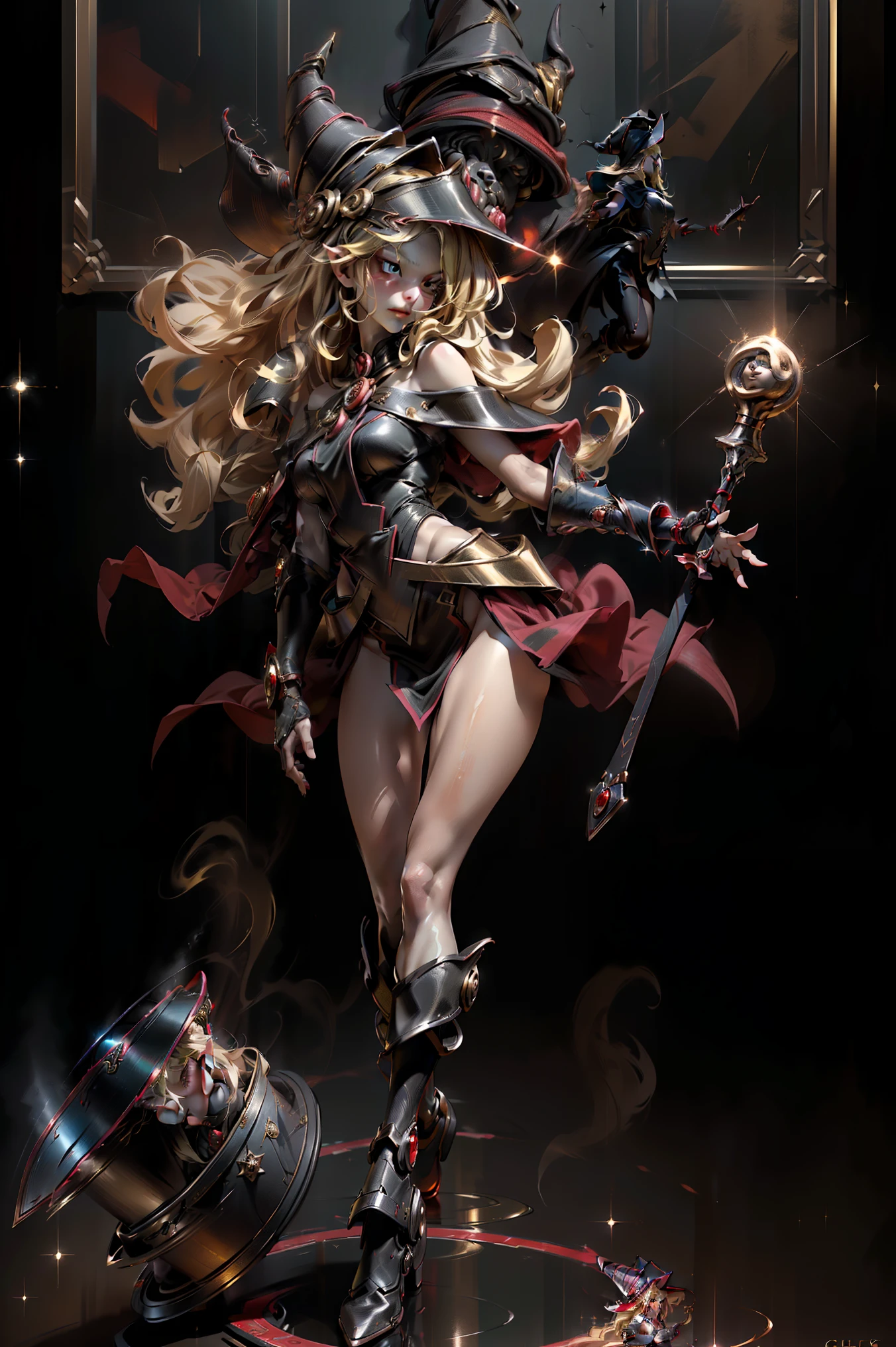 (8k,photorealistic raw photography the highest quality;1.4) (1girl in) super beauty (realistic face) femenine body (Blonde with long curls) Hold a black and red magic wand. combat scene Magic hat with black and gold exterior. Beautiful expression Glare (Real looking skin) (Giles dark wizards) tempting super high resolution A hyperrealist High detail Full body photo remains