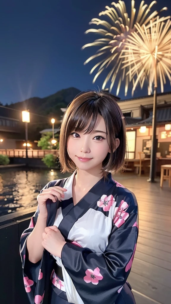 Tabletop, Highest quality, figure, Very detailed, In detail, High resolution, 8k wallpaper, Perfect dynamic composition, Beautiful attention to detail,Medium Hair, Natural color lip, Please pose here,smile、Fireworks festival background、Matte fabric、Yellow Yukata、