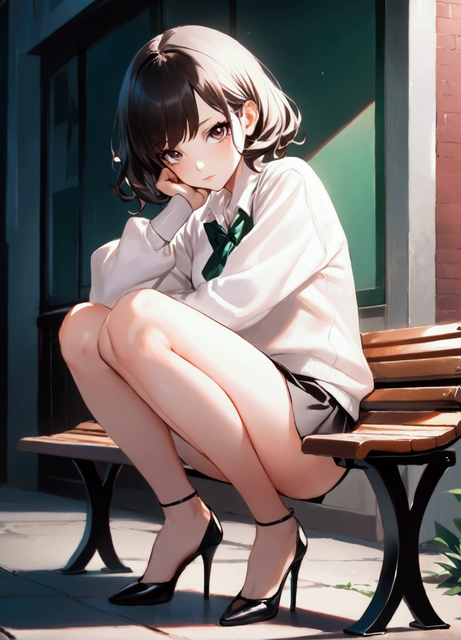 NSFW,((masterpiece,Highest quality)),Perfect hands,Perfect Legs,Anime girl sitting on a bench with her legs crossed, hyperRealistic , a hyperRealistic , Realistic , Anime girl crouching, Ilya Kuvshinov. 4k yen, Fully clothed. Sexy Painting, Best anime 4k konachan wallpaper, high school girl, Danganronpa digital art, Beautiful anime girl crouching,golden,