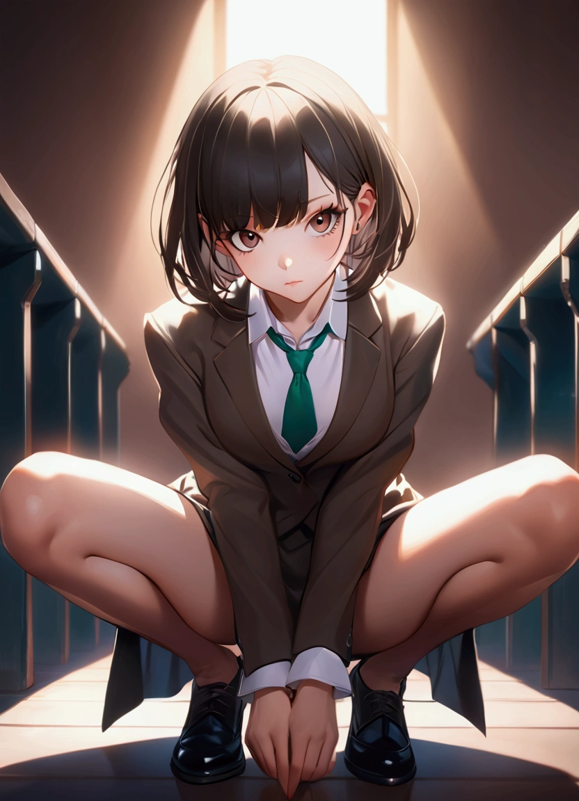 NSFW,((masterpiece,Highest quality)),Perfect hands,Perfect Legs,Anime girl sitting on a bench with her legs crossed, hyperRealistic , a hyperRealistic , Realistic , Anime girl crouching, Ilya Kuvshinov. 4k yen, Fully clothed. Sexy Painting, Best anime 4k konachan wallpaper, high school girl, Danganronpa digital art, Beautiful anime girl crouching,golden,