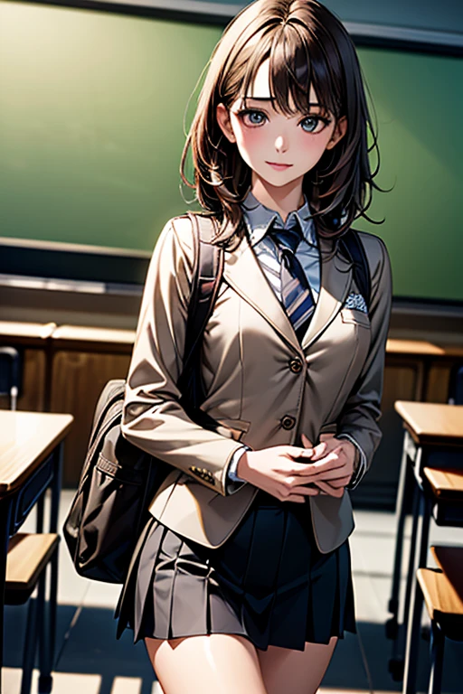 ((Highest quality)),(超High resolution),(Very detailed),(Detailed Description),((The best CG)),(masterpiece),Ultra-detailed art、(Highest quality、8k、32K、masterpiece)、(Realistic)、(Realistic:1.2)、(High resolution)、Very detailed、Very beautiful face and eyes、1 female、((High school girls:1.3))、Tight waist、Delicate body、(Highest quality、Attention to detail、Rich skin detail)、(Highest quality、8k、Oil paints:1.2)、Very detailed、(Realistic、Realistic:1.37)、Bright coloronotone tight-fitting blazer、Metallic buttons and school emblem on left chest。Below is the、A clean white shirt with hidden buttons、The collar and cuffs have thin lines。A tight-fitting straight pants skirt、It has the same simple stripes as the blazer.、The shoes are black sneakers、silver accents))。(School color tie、I have a lightweight, multi-functional backpack with reflectors.)。((In the background is a classroom with advanced digital screens.:1.3))。"
