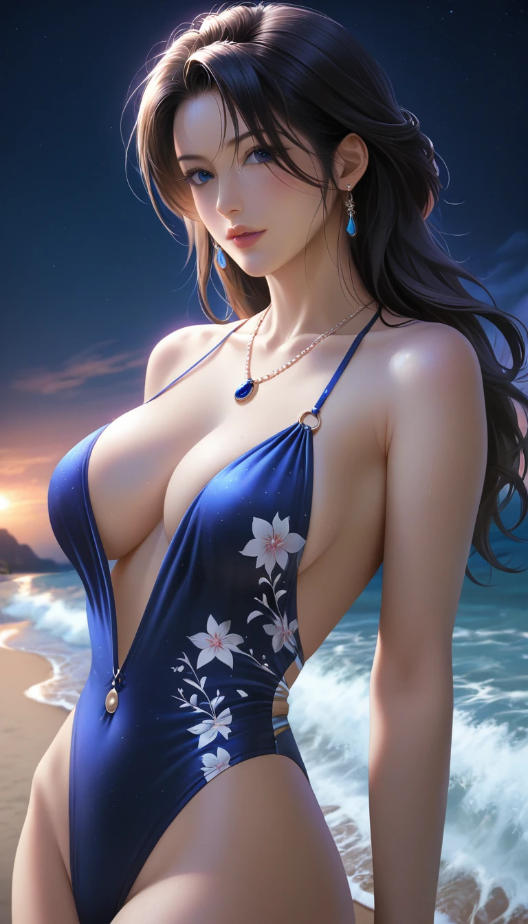 score_9, score_8_superior, score_7_superior, Masterpieces with up to 16K resolution,Highest quality,it is really amazing,Very detailed,Ultra-high resolution,(Ultra-realistic:1.1),(Realistic:1.1),Increased depth of field,Cinematic lighting,
Elegant Japanese MILF,
Long black hair,Ultra-detailed and beautiful faces,Translucent white skin,Very detailedな肌,
(Elegant swimwear:1.1),
Bold design,Artistic design,Beautiful and detailed pattern,Detailed fabric texture,
Gorgeous necklace,Earrings,
(Bali Beach:1.1),(Dark beach at night:1.1),(Deserted beach:1.1),(A pitch black night sky with dark clouds:1.1),
(Dramatic Angle:1.1),