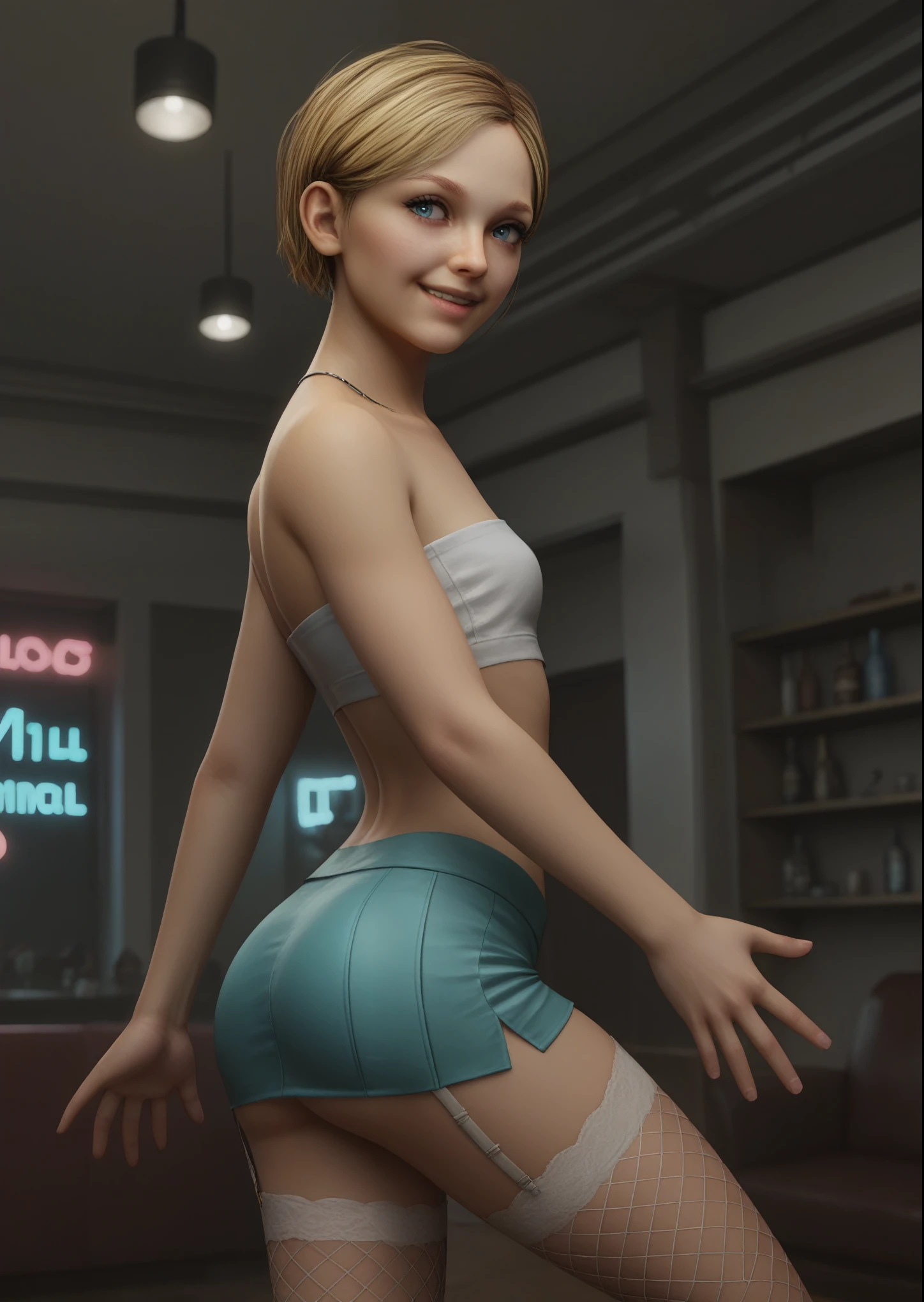 1girl, sarah miller, short hair, blonde hair, light blue eyes, small breasts, minidress, wide hips, half-closed eyes, sweat, shiny skin, open mouth, solo focus, cowboy shot, spread legs, sitting, indoors, club, neon lights, lighting, shadows. blurry background, source_realistic, (score_9, core_8_up, score_7_up, score_6_up)