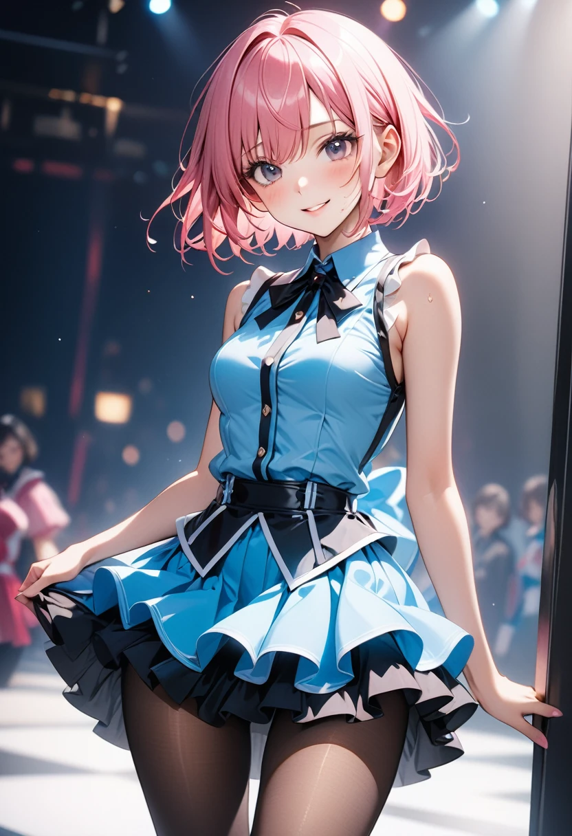 (((Female idols, idol costumes, skirt, pantyhose))), (Highly lustrous clothing), skindentation, skinny, solo, 1 woman, Masterpiece, highest quality, highest quality, 16K, incredibly absurd, highly detailed, 2.5D, ai-generated, delicate and dynamic, very delicate facial expressions, delicate eye depiction, erotic, only sexy woman, ((A cute and kind face)), healthy figure, ((25-year-old woman)), 160cm tall, ((medium firm swaying bust)), medium breasts, (short hair), (pink hair:1.5), bob cut, black eye, blush, Sweat,Embarrassed,sexy, ((thin thighs)), (Erect nipples,:0.5), shiny and lustrous, facing straight at viewer,  smile, ((Oily_skin)), dark skin, ((standing)), ((arm at side)), ((erotic pose)),