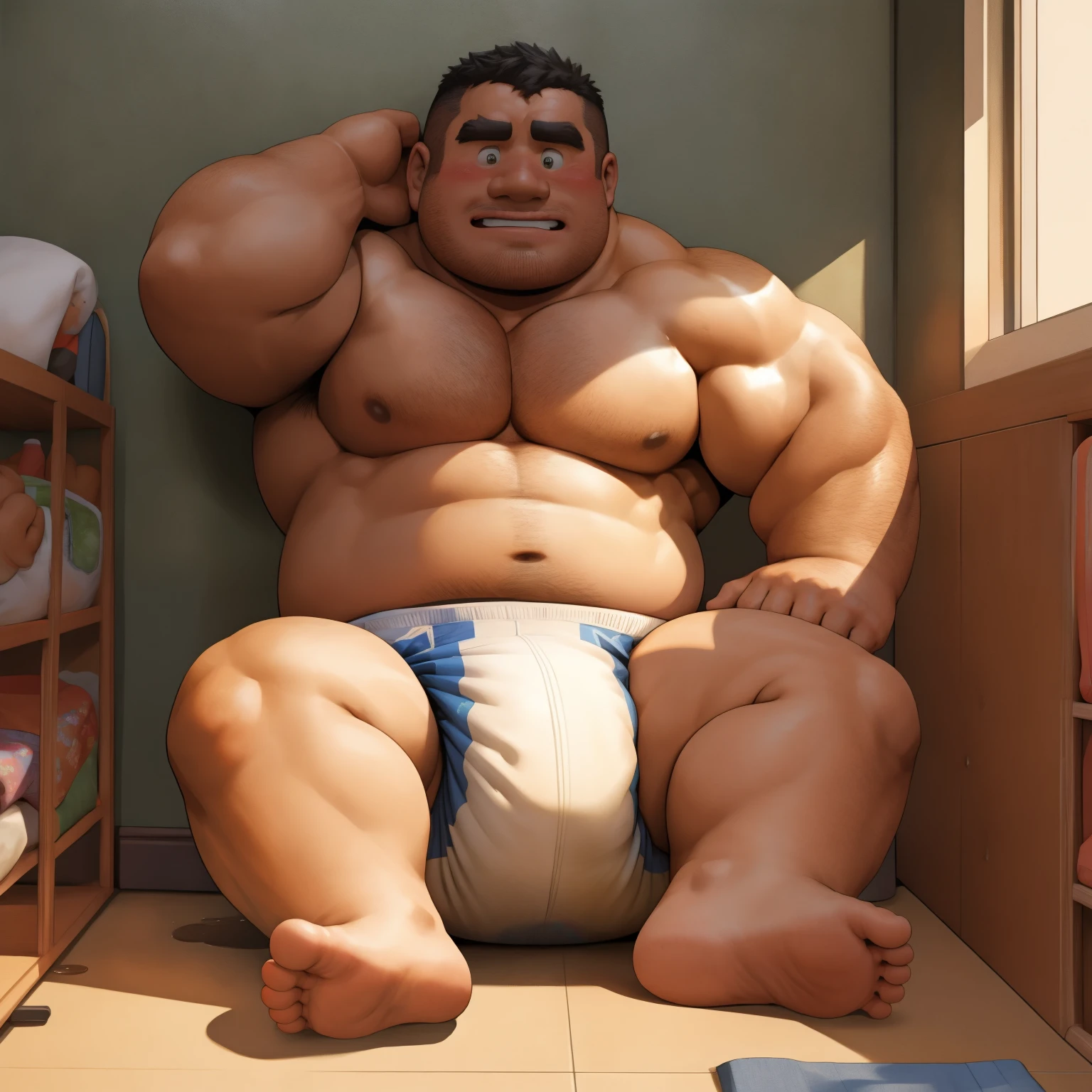 masterpiece, Top quality, in 32K, perfect anatomy, hyper detailed, super fine illustration, The thick man is a brutal prisoner, retarded, hairy, human, 50yo in japan, (fatness: 1.0), Fatty muscle, Bowleg, disappointment, incontinent, be diaper check by children, There is a small puddle under him, Naked, short legs, Bowleg, spread legs, wear a White cloth Diaper, Bare belly, Bare legs, Bare foots, Bare soles, Shirtless, wide forehead and short thinning hair, Man with round  face with stubble, Bare foots, Bare soles, shy, sissy, Weaker than children, Drool, Round face, He enters  and is despised by children, He is made to stand attention in the corner of the playroom, corner time, He surrounded by children, Bare foots, big butt, White Diaper, sobbing, There is a small puddle under him