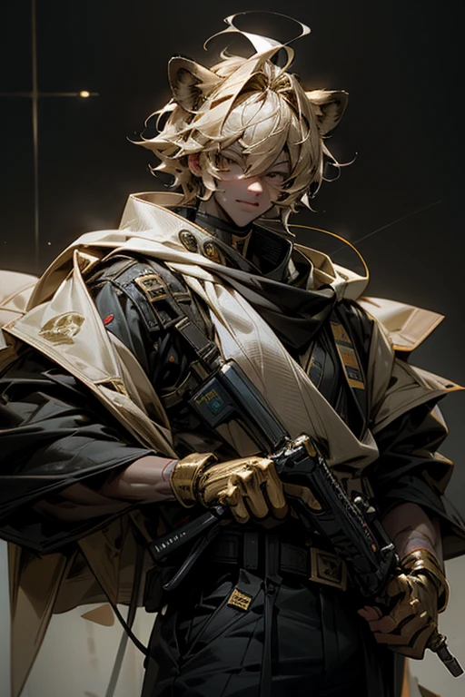 Lion ears,male,vocal,cool,Police Officer,holding a microphone,Visual Kei,goggles,masterpiece,best quality,super fine illustration,Blonde,gold effect,perfect hands,perfect fingers,looking at the camera,