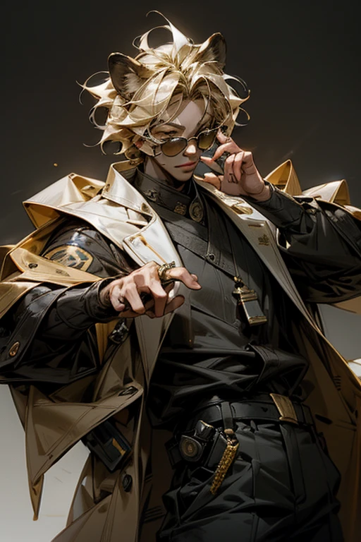 Lion ears,male,vocal,cool,Police Officer,holding a microphone,Visual Kei,sunglasses,masterpiece,best quality,super fine illustration,Blonde,gold effect,perfect hands,perfect fingers,looking at the camera,