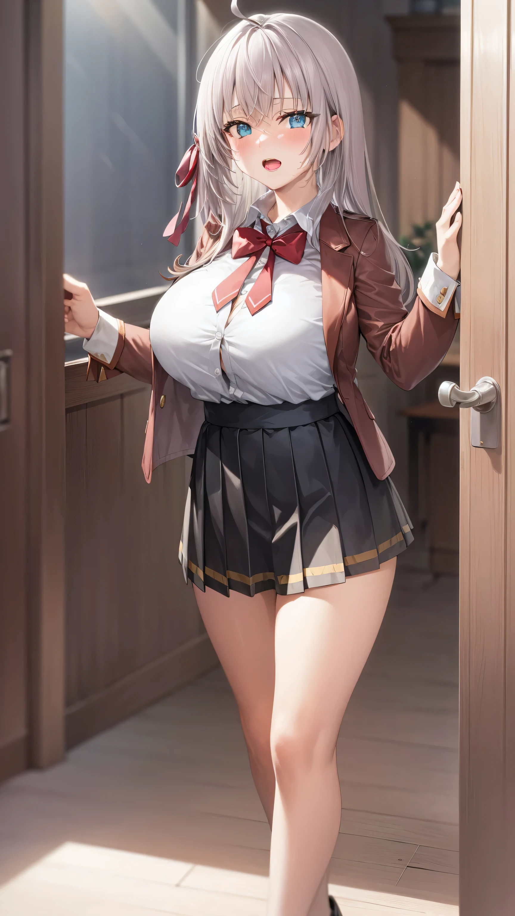 1 girl,high school girl,High-cut underwear,((Low - Angle,pointybreasts,the camera is between the thighs,angle of view of ceiling,very elaborate white panties,pubic hair,Black knee-high tights,cameltoe)),(Angle where you can see inside the skirt:1.7、from directly below:1.7),((highest quality, Brilliant,8K, masterpiece :1.3)), (realistic, photorealistic:1.4),((brown skin)),(Very fine and beautiful skin,Black gal),blonde, Black gal,,Super detailed,cinematic lighting, detailed light, best shadow, dynamic angle(from directly below:1.1),between the legs:1.5,Elaborate panties(high leg pants:1.1),super big breasts:1.6, plump thighs, mini skirt(pleated skirt),indentation:1.5,skirt lift,,inside the classroom