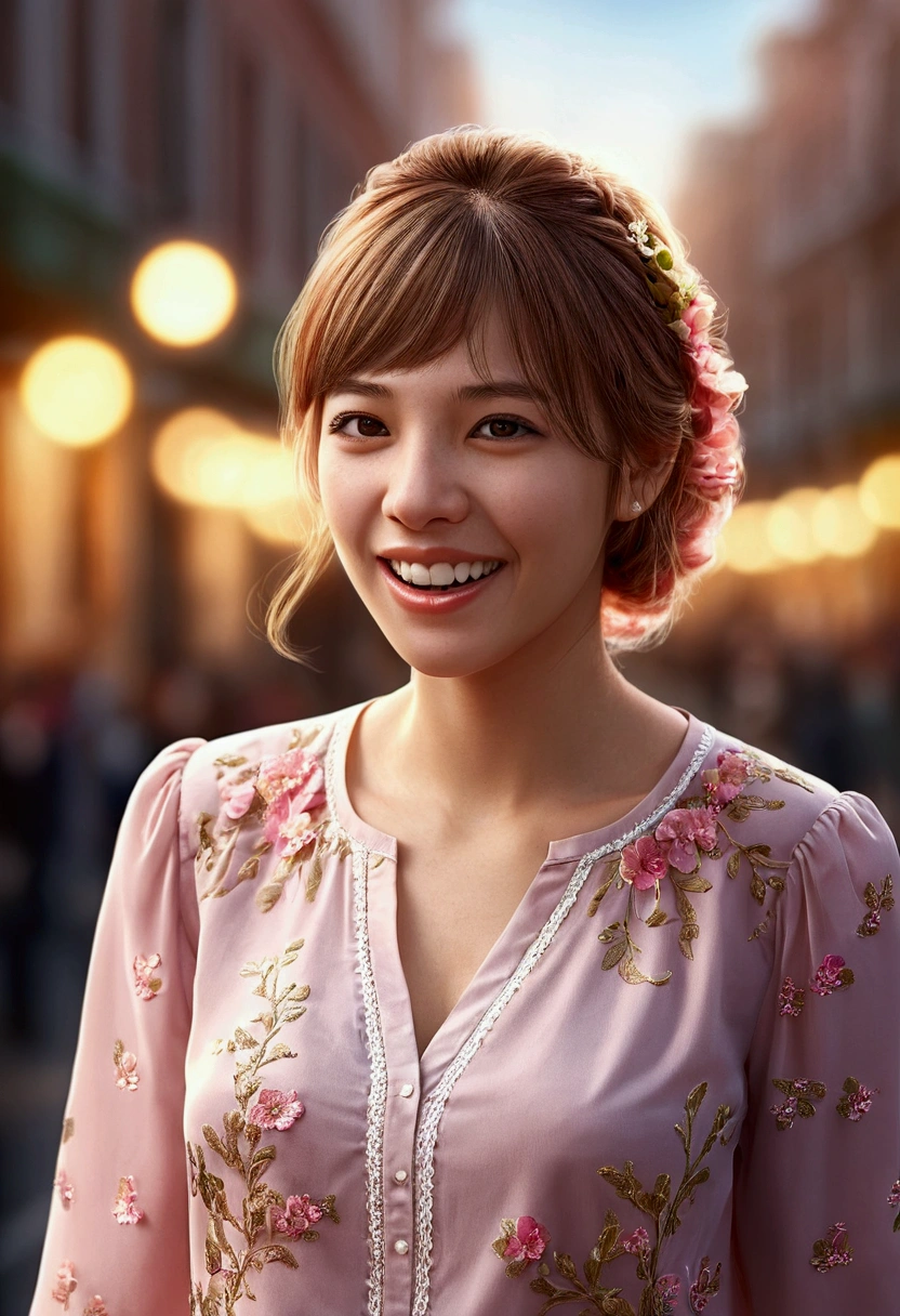 Best Quality, photorealistic, 1 girl, women,(skin denture), medium chest, (bright), (Professional lighting, bokeh), (Street), people, multitudes, braided bangs, (blouse:1.5), (dressed:0.8), gorgeous, bloom, by the floating, (dynamic pose:0.6) , Soft lighting, 