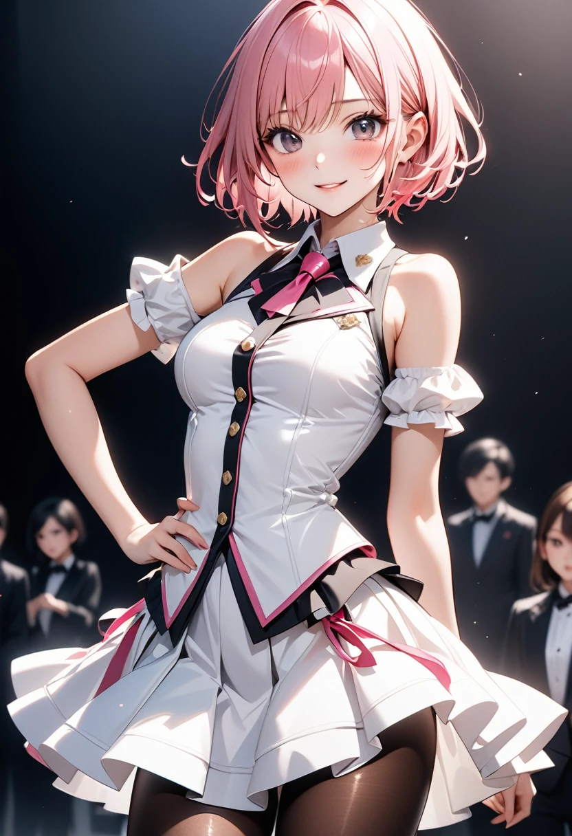 (((Female idols, idol costumes, skirt, pantyhose))), (Very shiny outfit), skindentation, skinny, solo, 1 woman, Masterpiece, highest quality, highest quality, 16K, incredibly absurd, highly detailed, 2.5D, ai-generated, delicate and dynamic, very delicate facial expressions, delicate eye depiction, erotic, only sexy woman, ((A cute and kind face)), healthy figure, ((25-year-old woman)), 160cm tall, ((medium firm swaying bust)), medium breasts, (short hair), (pink hair:1.5), bob cut, black eye, blush, Sweat,Embarrassed,sexy, ((thin thighs)), (Erect nipples,:0.5), shiny and lustrous, facing straight at viewer,  smile, ((Oily_skin)), dark skin, ((standing)), ((arm at side)), ((erotic pose)),