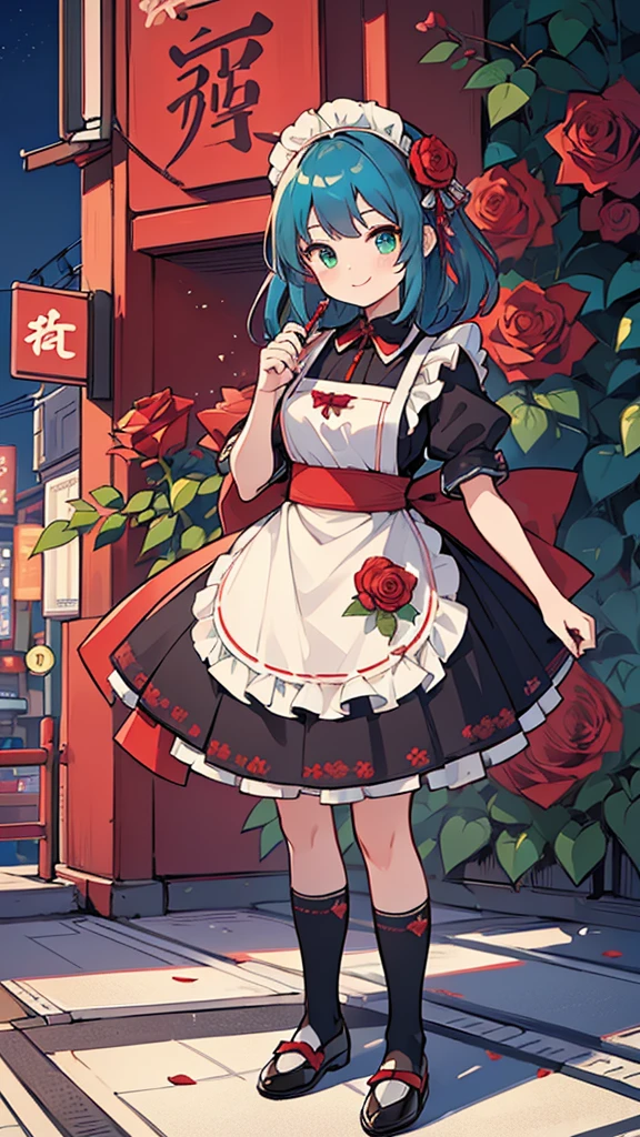 (((Highest quality))), (((masterpiece))), (((Ultra-detailed))),1 person,Blue Hair,Medium Hair,(Red roses in hair),(Rose patterned maid outfit),Green Eyes,17 years old,Black knee socks,(((Tokyo))),(Outdoor),(Stand in the middle of an intersection),smile