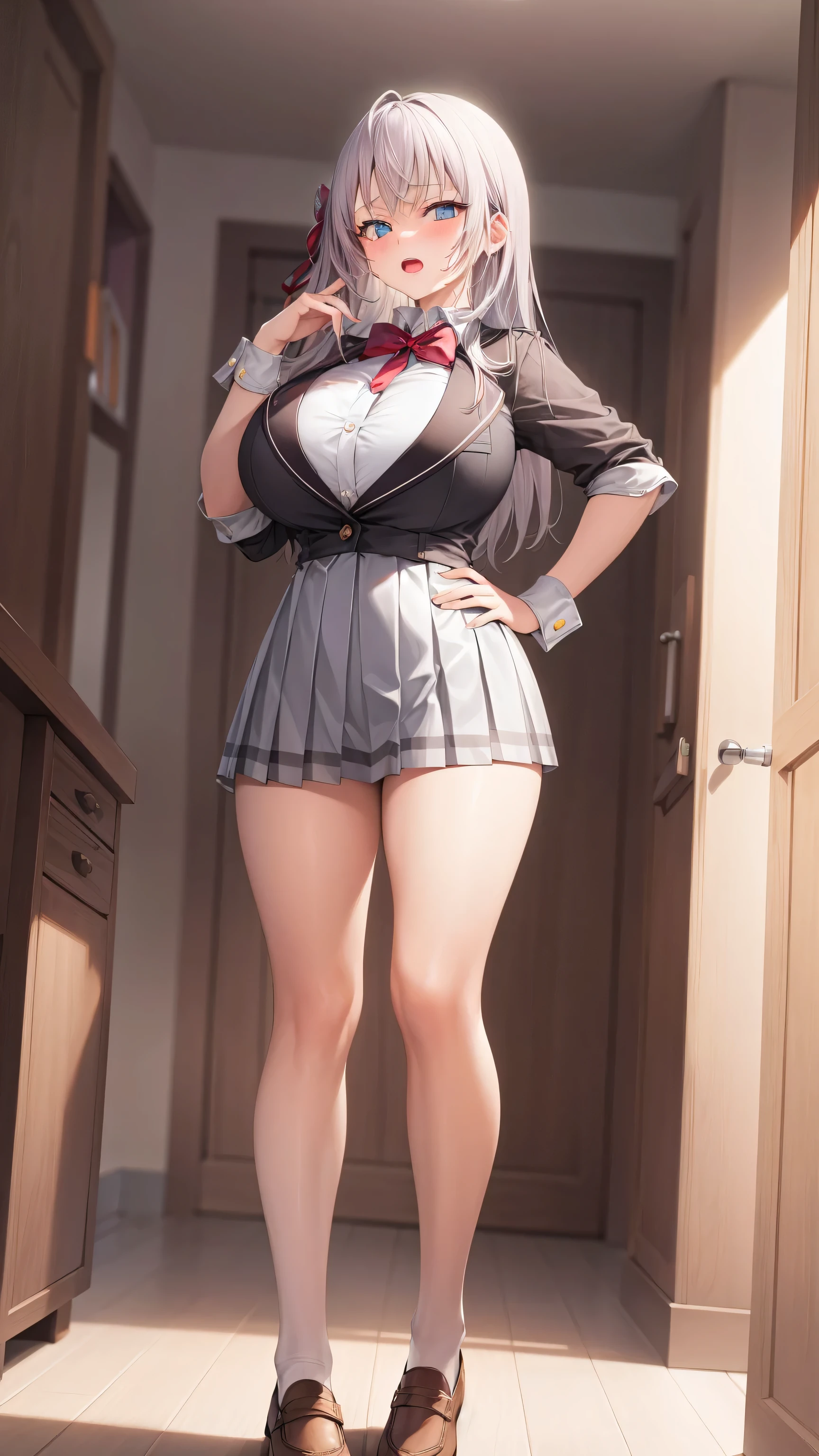 Alisa Kujou,
(day:1.7), in a room with curtains on the windows,inside, 1 girl standing at attention, 20 years,young female,beautiful Finger, beautiful long legs ,beautiful body ,beautiful Nose ,beautiful character design, Perfect eyes, perfect face,
There is an anime girl in shorts walking through an open door., 1 girl, thighs, Alone, (very short skirt:1.4), blue eyes, old, jacket, shirt, , pleated skirt, white shirt, bow, hand on hip, blush, black thighs, bowtie, inside, brown shoes, The Great Passage, moccasins, shoes, large old, Whole body, looking at the viewer, open mouth, thighs, bikini blue
looking at the viewer, In the center of the image, under the butt official art, Extremely detailed CG unity 8k wallpaper, perfect lighting,showy, bright_Forehead_face_Lightinasterpiece:1.0),(better_quality:1.0), ultra high resolution,4k,ultra detailed,
Photography, 8k, HdR, high resolution, absurdities:1.2, codas portrait, film grain, blurred background, bokeh:1.2, Lens flare, (Vibrant_Color:1.2)
, (beautiful_face:1.5),(narrow_waist), (beautiful,huge_old:1.3)