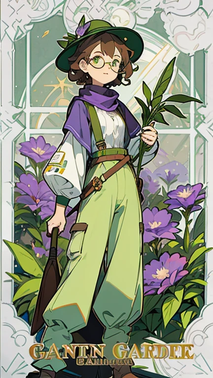 (Masterpiece, best quality), detailed, 1girl focus, 1 gardener woman, slight smile, pale, skin, olive green eyes, glasses, rounded square brown lenses, short dark brown curly hair, lavender flower, flat chest, garden hat, gardening hat, a lavender flower in the hat, a small purple scarf around the neck, pants, Ecofashion, Ecopunk, Ecology, Earthy clothing, gardening clothing, gardening, garden, Solarpunk, Solarpunk reference, Solarpunk inspired, cottagecore aesthetic, cottagecore, pants, gold details, pastel purple, green and brown color palette for the clothes.