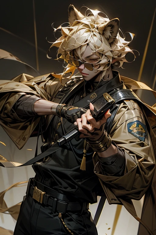 Lion ears,male,vocal,cool,Police Officer,holding a microphone,Visual Kei,sunglasses,masterpiece,best quality,super fine illustration,Blonde,gold effect,perfect hands,perfect fingers,looking at the camera,cool face