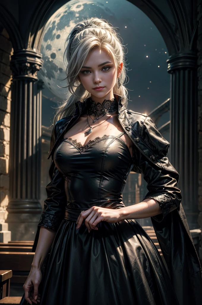 (masterpiece, best quality:1.2), cowboy shot, dynamic pose, weissvale, smile, closed mouth, looking at viewer, long white hair, side ponytail, scar above eye, scar below eye, black dress, jewelry, necklace, earrings, future_urban, indoors, standing inside old church ruins, night, stars, moon, crowd, crowd wearing military uniform, (volumetric lighting), intricate details, tonemapping, sharp focus, hyper detailed