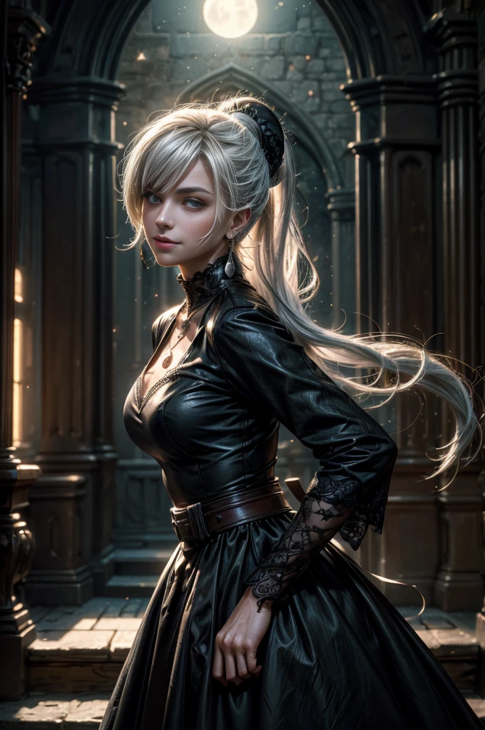 (masterpiece, best quality:1.2), cowboy shot, dynamic pose, weissvale, smile, closed mouth, looking at viewer, long white hair, side ponytail, scar above eye, scar below eye, black dress, jewelry, necklace, earrings, future_urban, indoors, standing inside old church ruins, night, stars, moon, crowd, crowd wearing military uniform, (volumetric lighting), intricate details, tonemapping, sharp focus, hyper detailed