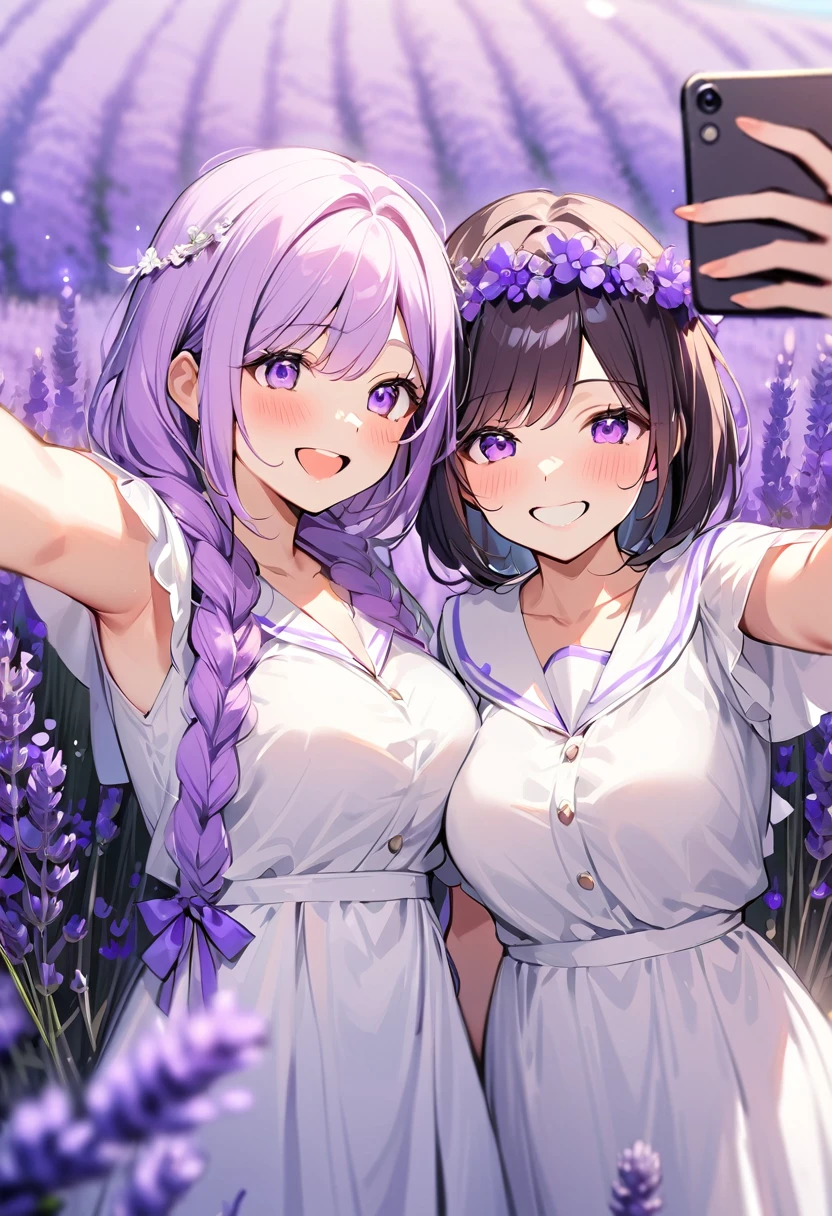 Highest quality、High resolution、Detailed Background、Beautiful face in every detail、Detailed eyes、Teenage beauty、Highly detailed face、Huge breasts、Perfect body line、Light color hair、Braided bob cut、Braided Ponytail、cute hairstyle、Cute gestures、Natural beauty、Fun atmosphere、
A girl and her friend are running hand in hand through a vast lavender field.、
Purple Flower々Surrounded by them, the two of them are smiling happily.、
They have fun collecting lavender flowers to make flower crowns and bouquets to give to their families.、
The two of us are exploring the lavender swaying in the gentle breeze.、
They take photos of each other while enjoying the scent of flowers.、
The girls were engrossed in playing in the fairy-tale-like lavender fields.、I can tell that they are really enjoying themselves.、
A bright scene that captures the joy of playing to your heart's content in nature and spending time with friends.、cute