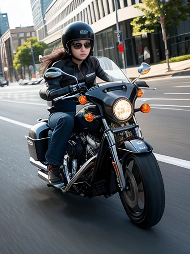 city, road,american cruiser motorcycle,female rider,motion blur:1.2
