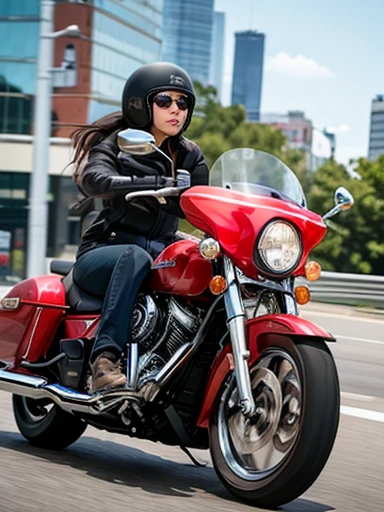 city, road,american cruiser motorcycle,female rider,motion blur:1.2