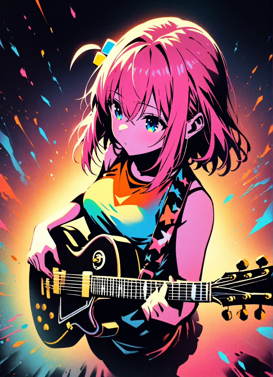 masterpiece, best quality, very aesthetic, absurdres, 
dramatic lighting, retro color, on stage, from above, BREAK
1girl, gotoh hitori, bocchi the rock!, pink hair, playing guitar, microphone
triadic colors, stunning, epic, intense, highly detailed, warm light, imposing, confident, beautiful composition, cool colors, ambient background, deep rich colors,