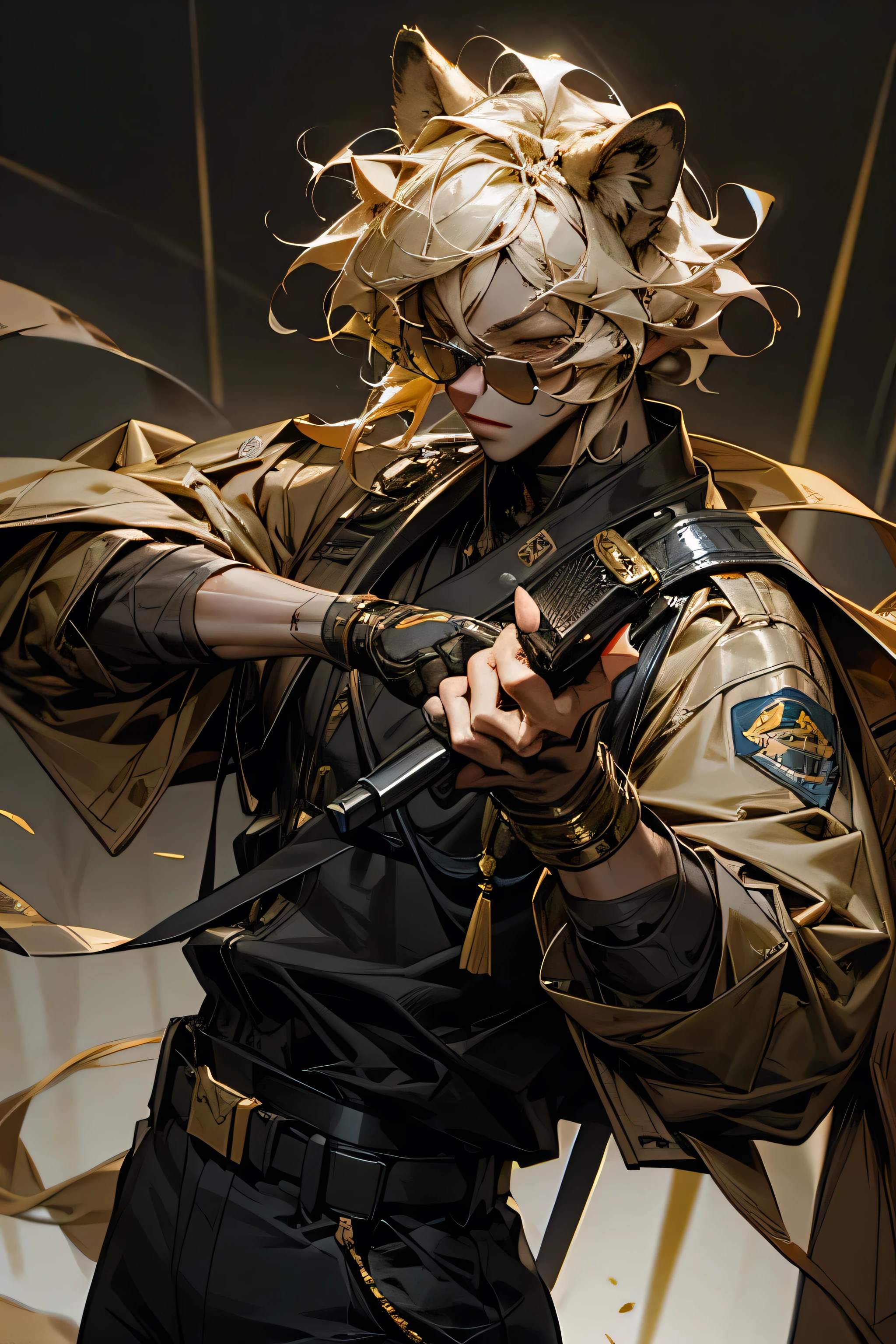 Lion ears,male,vocal,cool,Police Officer,holding a microphone,Visual Kei,sunglasses,masterpiece,best quality,super fine illustration,Blonde,gold effect,perfect hands,perfect fingers,looking at the camera,cool face