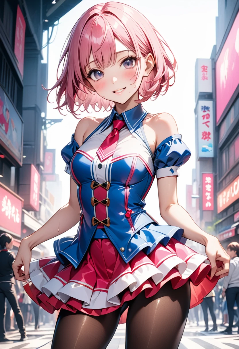 (((Female idols, idol costumes, skirt, pantyhose))), ((Very shiny outfit)), skindentation, skinny, solo, 1 woman, Masterpiece, highest quality, highest quality, 16K, incredibly absurd, highly detailed, 2.5D, ai-generated, delicate and dynamic, very delicate facial expressions, delicate eye depiction, erotic, only sexy woman, ((A cute and kind face)), healthy figure, ((25-year-old woman)), 160cm tall, ((medium firm swaying bust)), medium breasts, (short hair), (pink hair:1.5), bob cut, black eye, blush, Sweat,Embarrassed,sexy, ((thin thighs)), (Erect nipples,:0.5), shiny and lustrous, facing straight at viewer, smile, ((Oily_skin)), dark skin, ((standing)), ((arm at side)), ((erotic pose)),