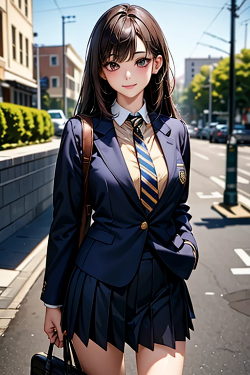 ((Highest quality)),(超High resolution),(Very detailed),(Detailed Description),((The best CG)),(masterpiece),Ultra-detailed art、(Highest quality、8k、32K、masterpiece)、(Realistic)、(Realistic:1.2)、(High resolution)、Very detailed、Very beautiful face and eyes、1 female、((High school girls:1.3))、Tight waist、Delicate body、(Highest quality、Attention to detail、Rich skin detail)、(Highest quality、8k、Oil paints:1.2)、Very detailed、(Realistic、Realistic:1.37)、Bright colors、"1girl, high school student, Japanese , standing, smiling, looking at camera, detailed face, smooth skin, long black hair, straight hair, brown eyes, natural makeup, outdoor background, custom , white blouse with navy blue accents, gold buttons, navy blue pleated skirt with white trim, knee-length, navy blue ribbon tie, white ankle socks, black leather loafers, navy blue blazer with gold school emblem on chest pocket, matching navy blue school bag with gold trim"