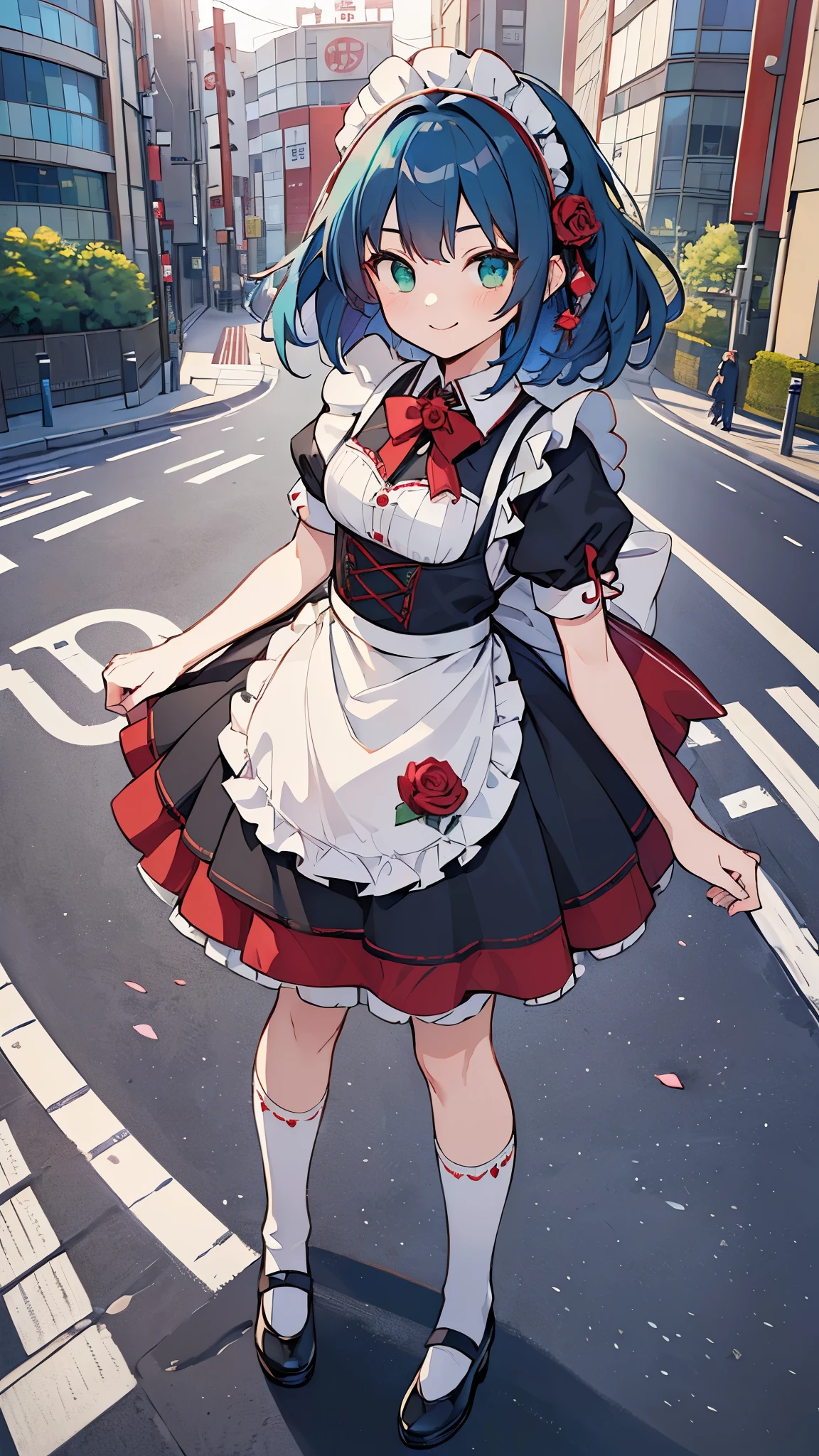 (((Highest quality))), (((masterpiece))), (((Ultra-detailed))),1 person,Blue Hair,Medium Hair,(Red roses in hair),(Rose patterned maid outfit),Green Eyes,,Black knee socks,(((Tokyo))),(Outdoor),(Stand in the middle of an intersection),smile