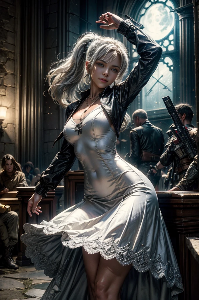 (masterpiece, best quality:1.2), cowboy shot, dynamic pose, weissvale, smile, closed mouth, looking at viewer, long white hair, side ponytail, scar above eye, scar below eye, white dress, jewelry, necklace, earrings, future_urban, indoors, standing outside old church ruins, night, stars, moon, crowd, crowd wearing military uniform, (volumetric lighting), intricate details, tonemapping, sharp focus, hyper detailed