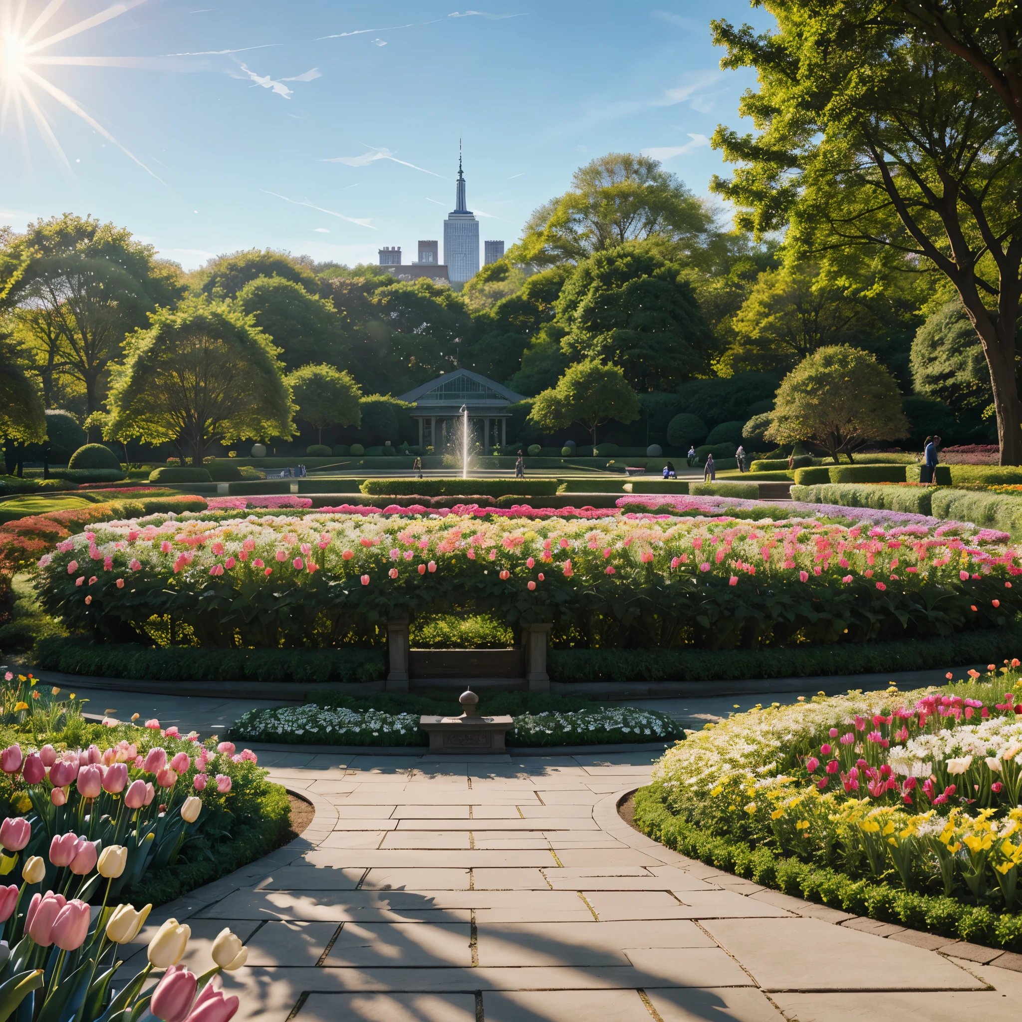 Create a realistic image of the New York Botanical Garden in the height of spring. The scene should be filled with vibrant, blooming flowers in a variety of colors, including tulips, daffodils, and cherry blossoms. The meticulously landscaped pathways are lined with lush greenery and mature trees. Visitors stroll through the garden, some stopping to admire the flowers, while others take photos or relax on benches. In the background, include the iconic glass conservatory, reflecting the sunlight. The sky is clear and blue, adding to the serene and picturesque atmosphere of this renowned botanical garden