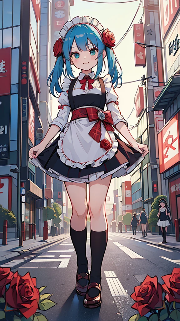 (((Highest quality))), (((masterpiece))), (((Ultra-detailed))),1 person,Blue Hair,Medium Hair,(Red roses in hair),(Rose patterned maid outfit),Green Eyes,,Black knee socks,(((Tokyo))),(((Akihabara))),(Outdoor),(Stand in the middle of an intersection),smile,