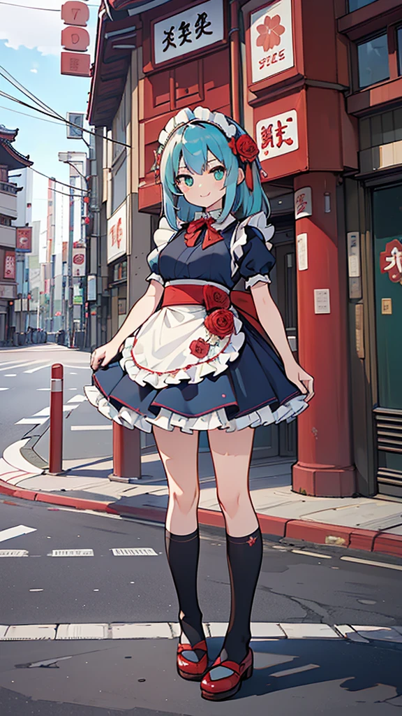 (((Highest quality))), (((masterpiece))), (((Ultra-detailed))),1 person,Blue Hair,Medium Hair,(Red roses in hair),(Rose patterned maid outfit),Green Eyes,,Black knee socks,(((Tokyo))),(((Akihabara))),(Outdoor),(Stand in the middle of an intersection),smile,