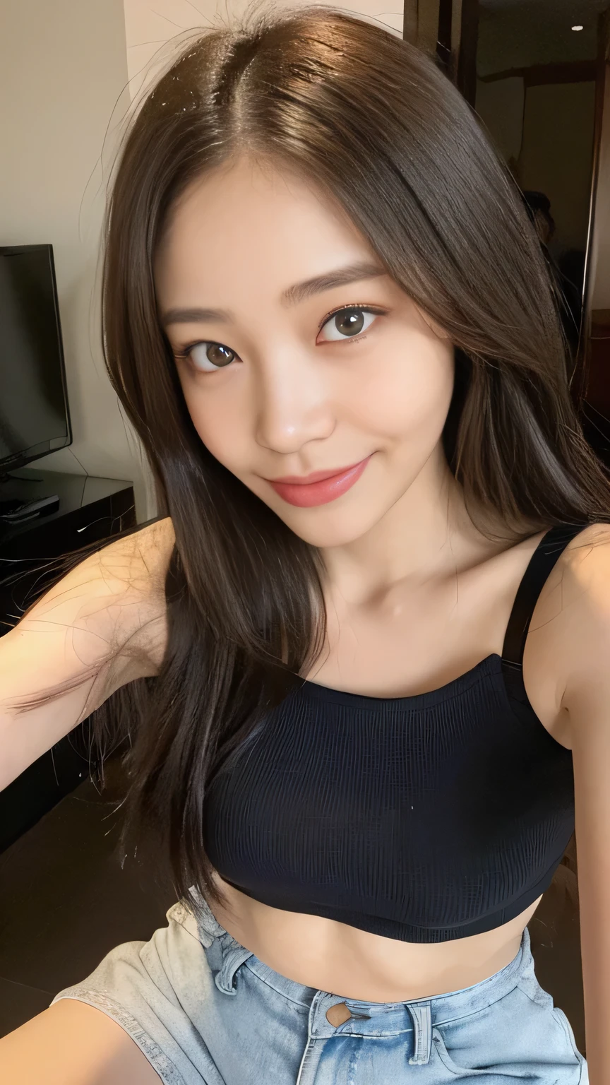 seed:2020674263.((Full body angle:1.1)).((Highest quality, 8k, masterpiece:1.3)), ((from below:1.1)).concentrated:1.2, Perfect body beauty:1.4, Hips:1.2, ((Delicate Hair)), (Vibrant color block short sleeve crop top for women,Shorts :1.1) , ((Highest quality、8k、masterpiece:1.3))、1 Girl、A sloppy smile、Esbian all over body、Slim face、Big 、Beautiful woman、(Dark Brown Hair)、Long Hair、1.1、Flickering Valley、Detailed eyes、double eyelid、Blurred Background、超Slim face、Smile、Looking down、stroll.extreme extreme close-up.cowboy shot