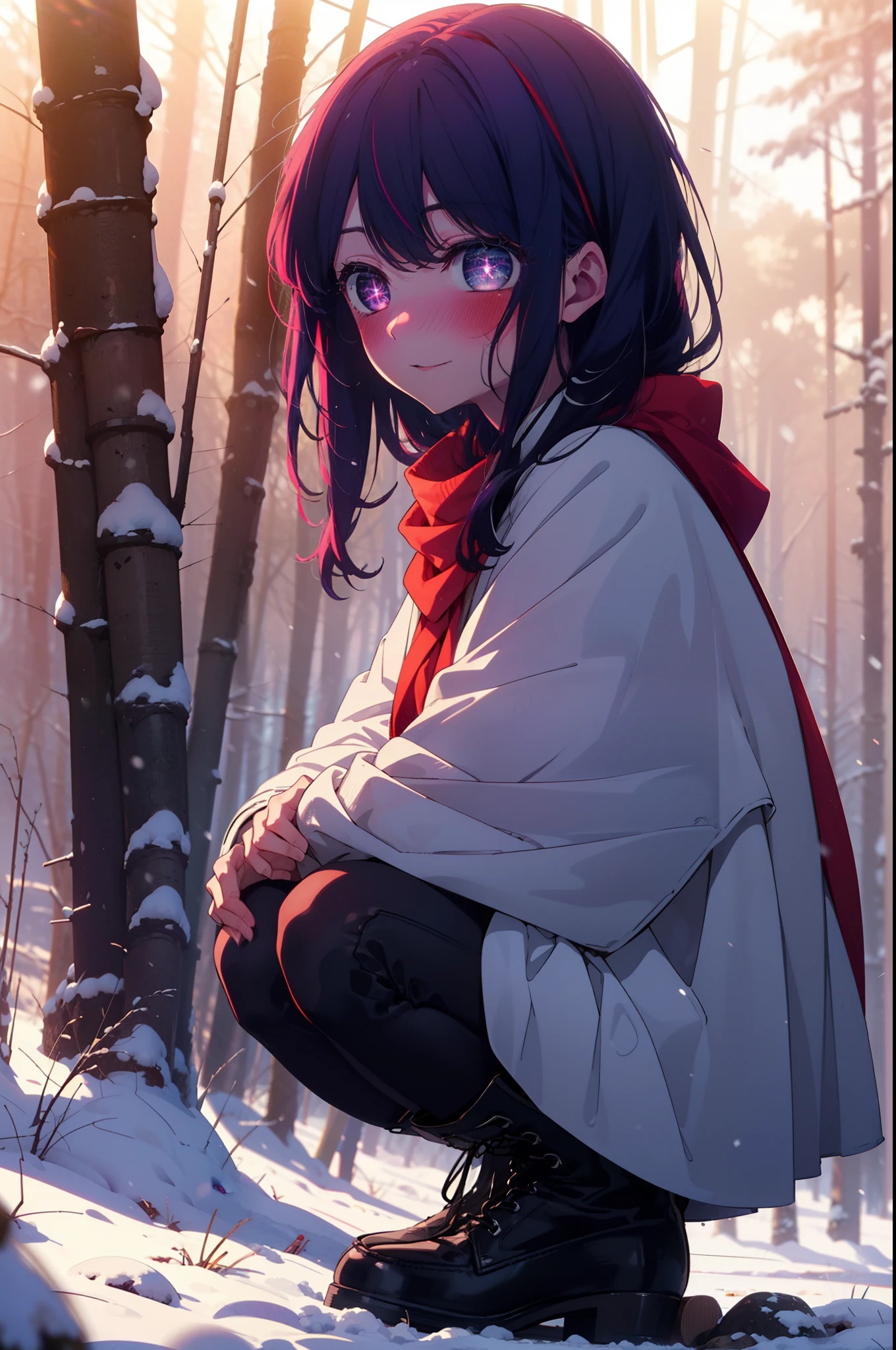 aihoshino, Ai Hoshino, Long Hair, bangs, (Purple eyes:1.1), Purple Hair, (Symbol-shaped pupil:1.5), smile,,smile,blush,white breath,
Open your mouth,snow,Ground bonfire, Outdoor, boots, snowing, From the side, wood, suitcase, Cape, Blurred, , forest, White handbag, nature, Squat, Mouth closed, Cape, winter, Written boundary depth, Black shoes, red Cape break looking at viewer, Upper Body, whole body, break Outdoor, forest, nature, break (masterpiece:1.2), Highest quality, High resolution, unity 8k wallpaper, (shape:0.8), (Beautiful and beautiful eyes:1.6), Highly detailed face, Perfect lighting, Highly detailed CG, (Perfect hands, Perfect Anatomy),