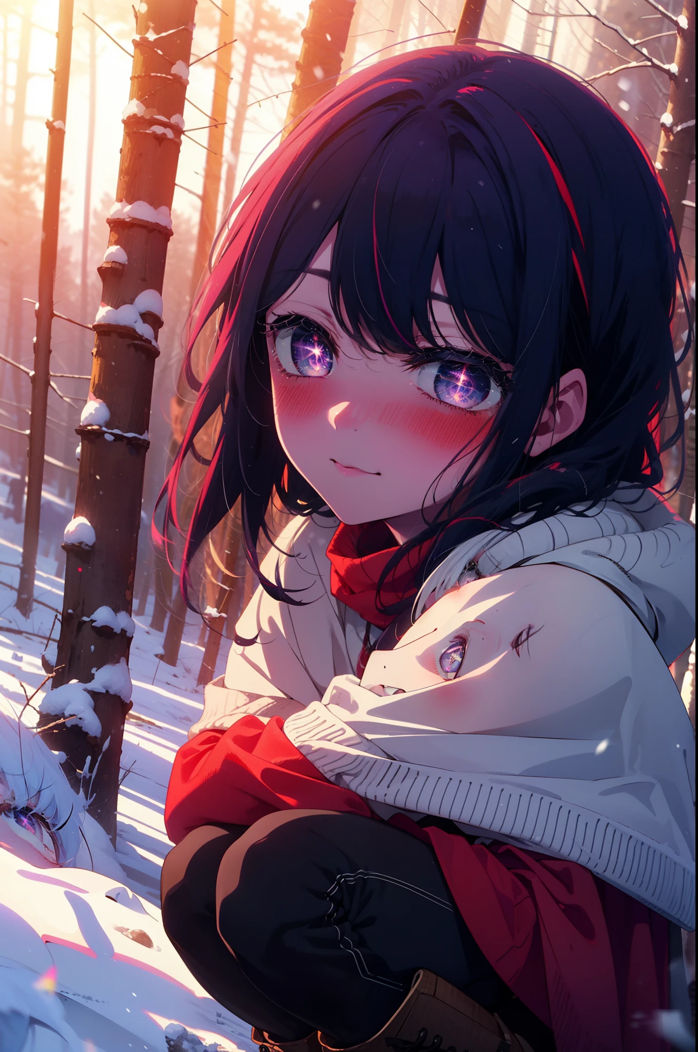 aihoshino, Ai Hoshino, Long Hair, bangs, (Purple eyes:1.1), Purple Hair, (Symbol-shaped pupil:1.5), smile,,smile,blush,white breath,
Open your mouth,snow,Ground bonfire, Outdoor, boots, snowing, From the side, wood, suitcase, Cape, Blurred, , forest, White handbag, nature,  Squat, Mouth closed, Cape, winter, Written boundary depth, Black shoes, red Cape break looking at viewer, Upper Body, whole body, break Outdoor, forest, nature, break (masterpiece:1.2), Highest quality, High resolution, unity 8k wallpaper, (shape:0.8), (Beautiful and beautiful eyes:1.6), Highly detailed face, Perfect lighting, Highly detailed CG, (Perfect hands, Perfect Anatomy),